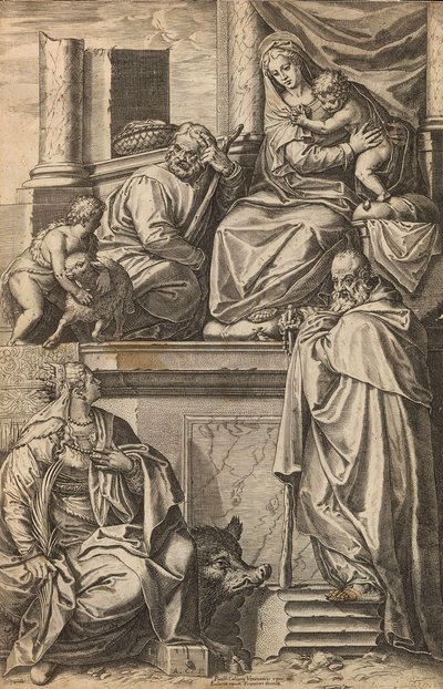 Heilige Familie mit Johannes dem Täufer, St. Katharina und St. Antonius dem Großen von Agostino Carracci